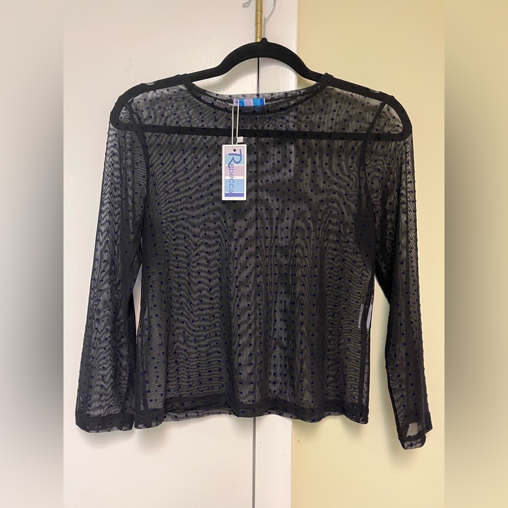 Sheer black top with navy velvet polka dots